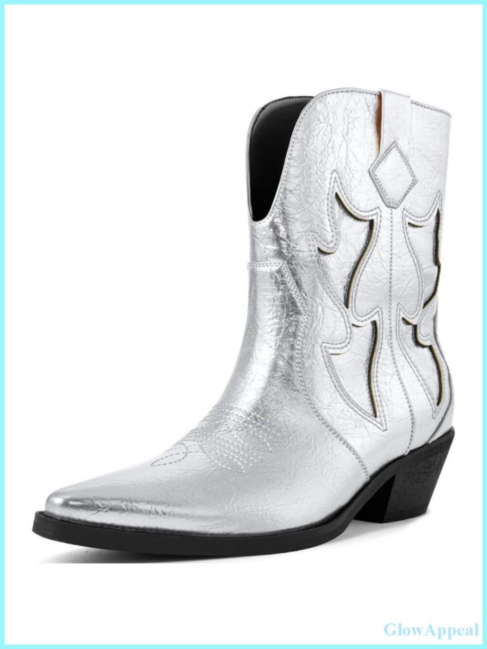 Metallic Embroidered Cowboy Boots Pointed Toe Pull On Chunky Heel Ankle Bootie